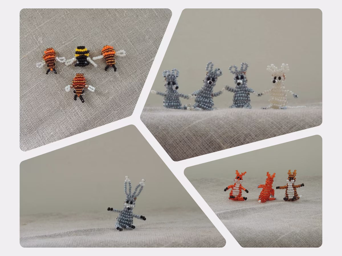 Une joyeuse ménagerie en perles de rocaille : souris, abeilles, lapin et renard tissés à la main.
