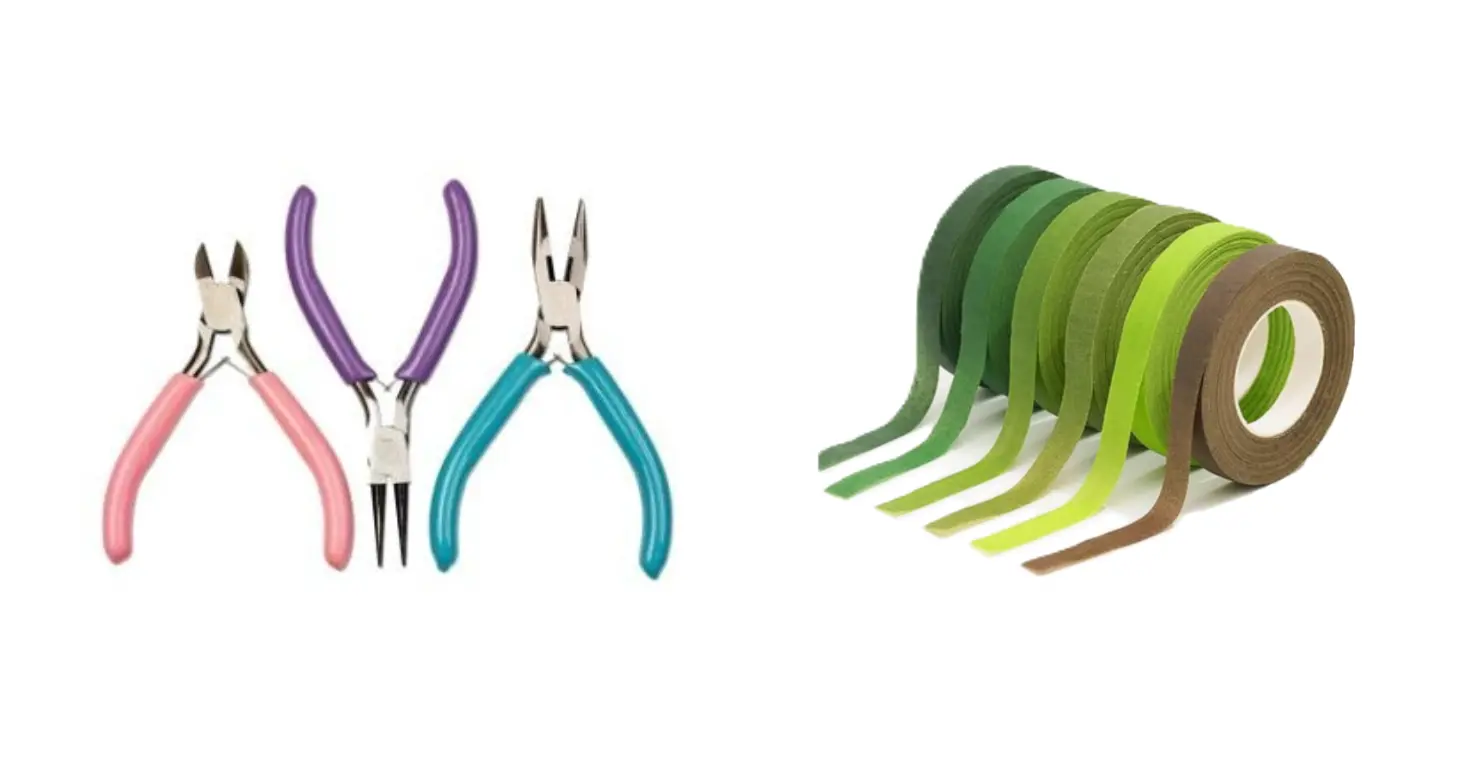 Ensemble d'outils pour le perlage comprenant des pinces coupantes à poignées roses et bleues ainsi que plusieurs rouleaux de ruban floral vert.