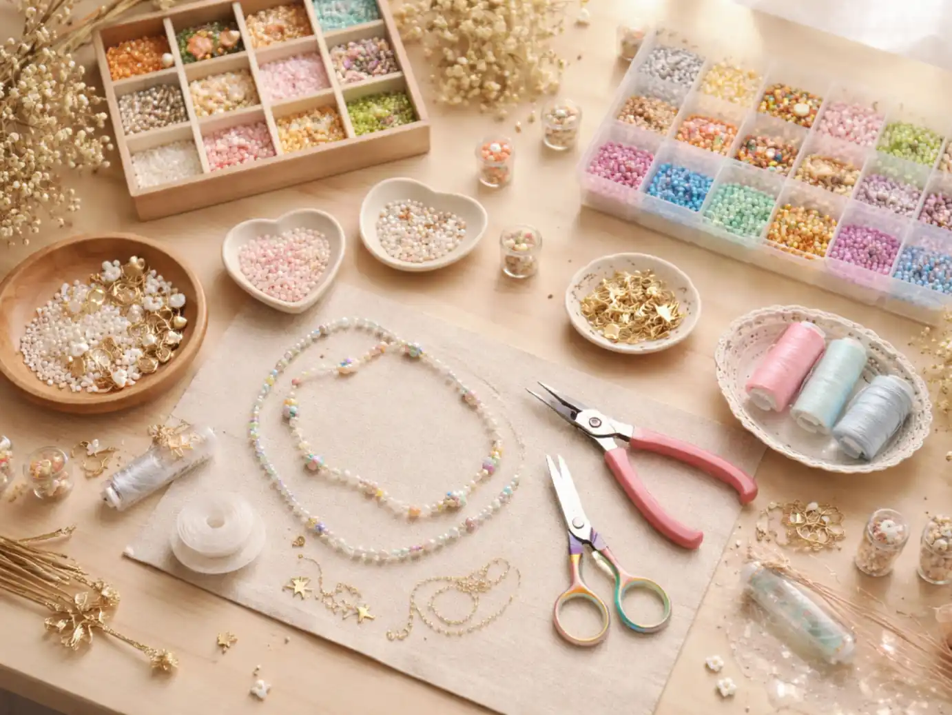 Vue de dessus d'un espace de travail artisanal avec des boîtes de perles de rocaille multicolores, des fils, des aiguilles et des pinces de précision.