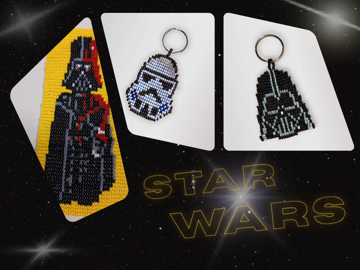 Personnages de Star Wars comme Dark Vador et R2-D2 tissés artisanalement en perles de rocaille