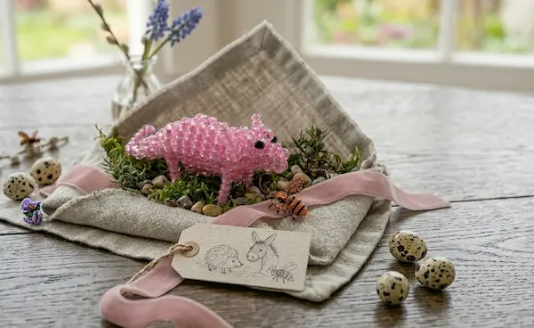 Une figurine de cochon rose en perles de rocaille posée sur un nid de mousse et de brindilles, nichée dans un linge en lin naturel. À côté se trouvent une abeille en perles, des œufs de caille et un ruban de velours rose. Au premier plan, une étiquette avec un dessin au crayon d'un hérisson, d'un âne et d'une abeille. Arrière-plan flou avec une fenêtre et des fleurs printanières sur une table en bois foncé.