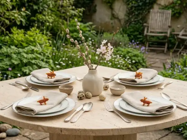 Décoration de table printanière à Mons : quatre figurines de lapins en perles de rocailles artisanales bruns sur une table ronde en pierre dans un jardin wallon fleuri. Ambiance élégante et fait main.